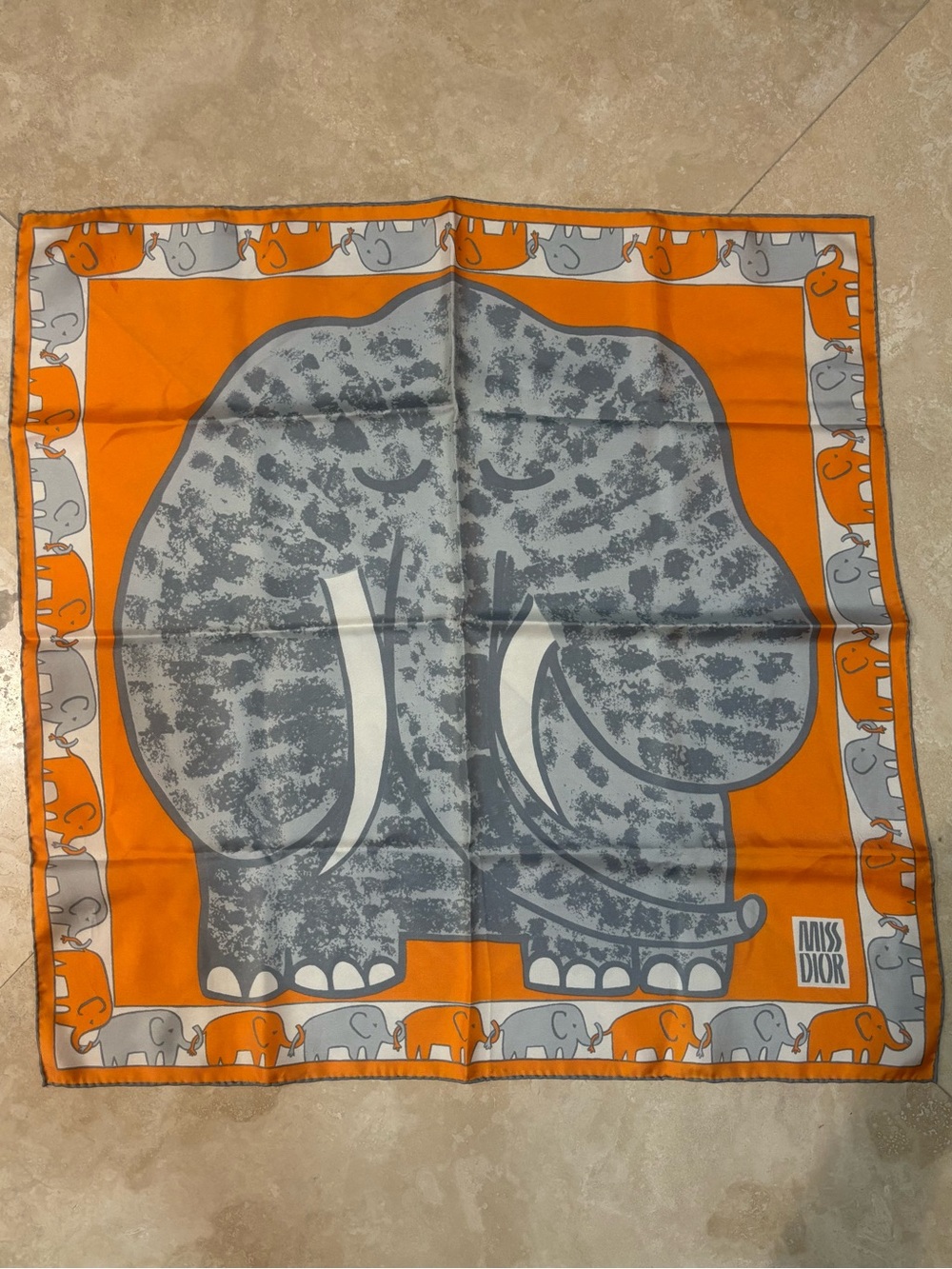 Vintage Miss Dior 100% Silk Elephant Print Scarf Orange Gray Retro Designer